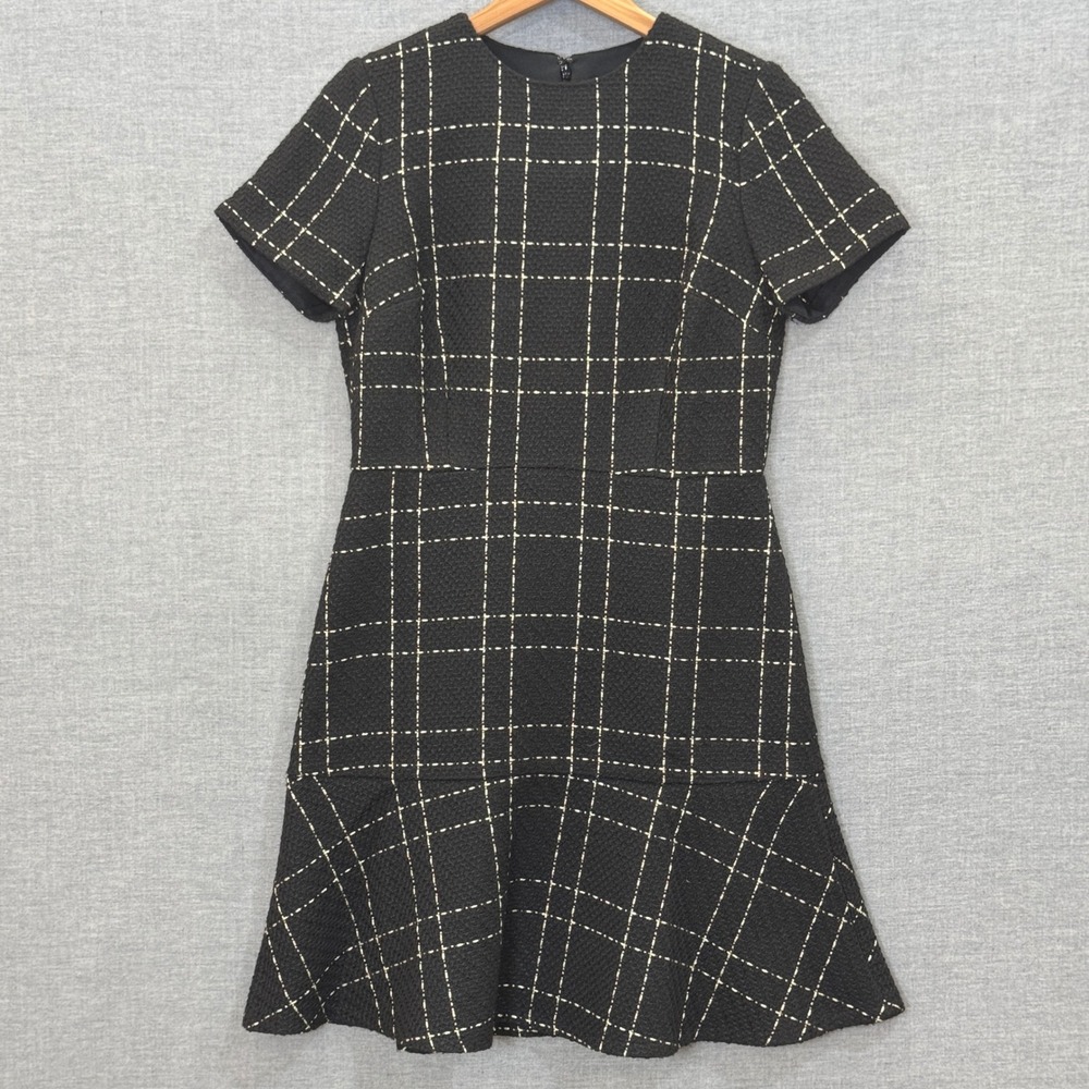 Ann Taylor Petite Black Gold Grid Short Sleeve Flounce Hem Dress 4P NWT